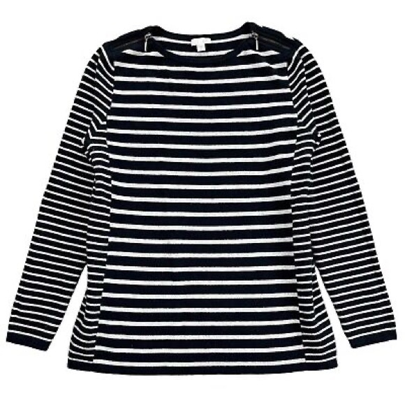 J. Jill Breton stripe nautical zip shoulder long knit tunic sweater navy grey - Picture 1 of 13